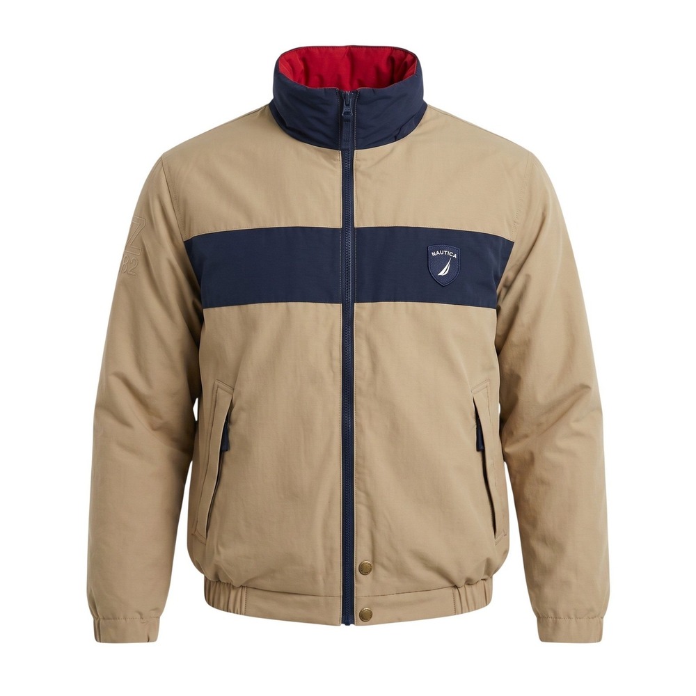 Nautica NX3000 Reversible Down Puffer Jacket Mens Large Tan Red Navy Stripe